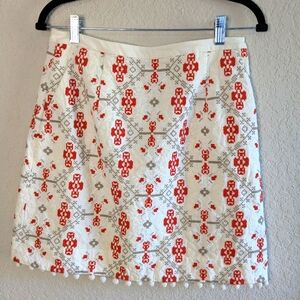Anthropologie Maeve Pom Pom Embroidered Skirt Size 4 Pencil Length White Red